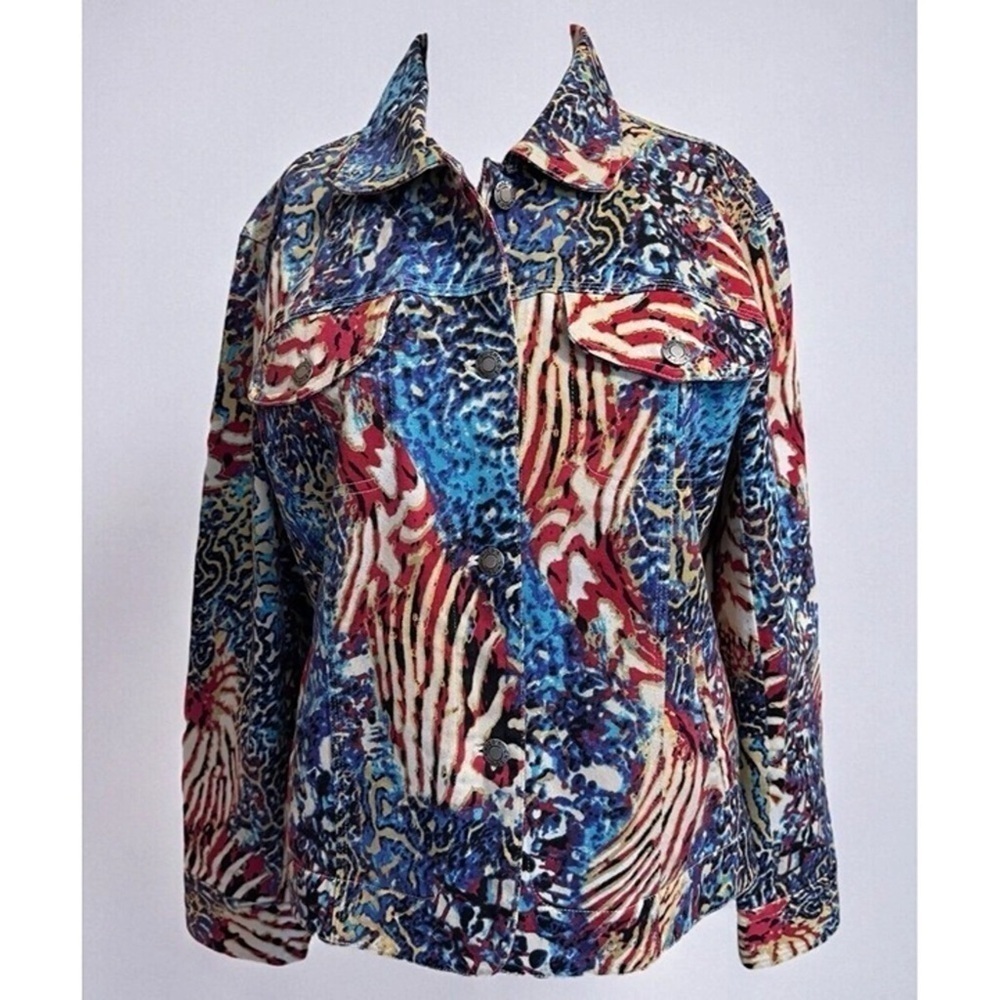 Vintage Chico's Animal Print Colorful Denim Jacket SZ 2 Cotton red white blue